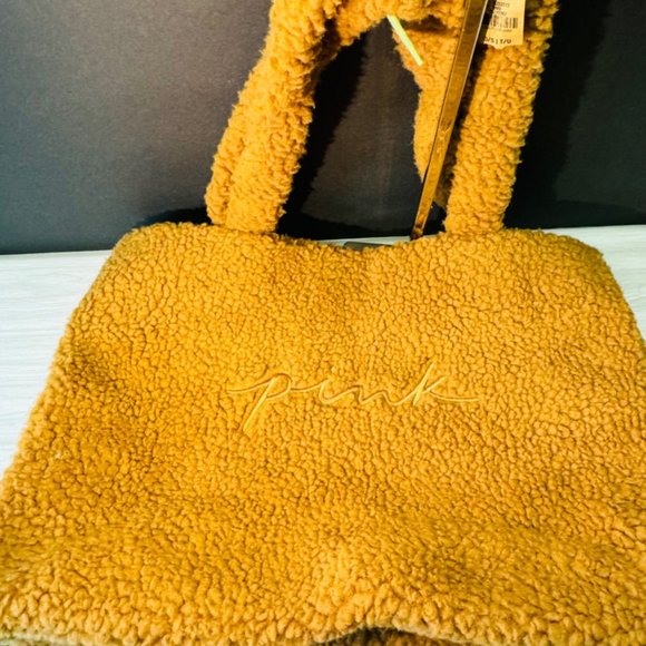 Victoria's Secret VS PINK Plush Sherpa Tote Bag Tan Brown Logo - Picture 3 of 5